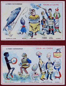 Carte promozionali ed educative per bambini raffiguranti specialità alimentari delle regioni del Maine-et-Loire e Loir-et-Cher, c.1910 da French School