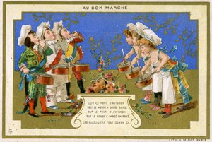 Carta promozionale per il grande magazzino parigino Au Bon Marché, raffigurante cuochi che ballano sul ponte di Avignone, c.1895