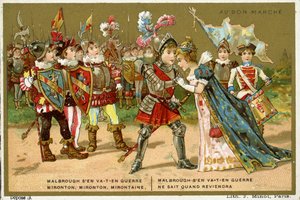 Carta promozionale per il grande magazzino parigino Au Bon Marché, raffigurante una delle canzoni popolari e per bambini più famose in lingua francese, Marlbrough sen va-t-en guerre da French School