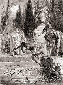 Publio Vedio Pollione, cavaliere romano, che dà in pasto uno schiavo alle sue murene, da Les Merveilles de la Science, pubblicato c.1870