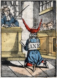 Punizione a scuola: Alunno punito, con un cappello da asino. Immagine di Epinal della fine del XIX secolo. da French School