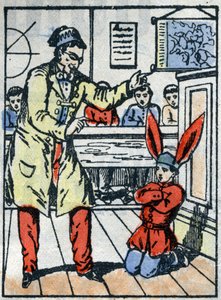 Punizione a scuola: Alunno punito con un cappello da asino per aver parlato con i suoi compagni. Immagine di Epinal fine XIX secolo. da French School