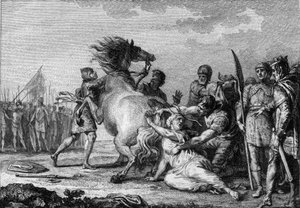 Punizione di Brunehaut, 613: Brunehaut o Brunehilde (543-613), regina di Austrasia, è attaccata alla coda di un cavallo indomabile prima di essere trascinata a terra. Incisione del XVIII secolo da French School