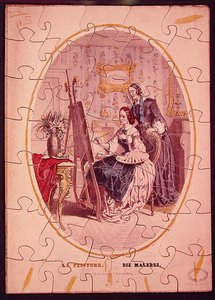 Pezzi di puzzle raffiguranti una donna che dipinge a un cavalletto, c.1840-50