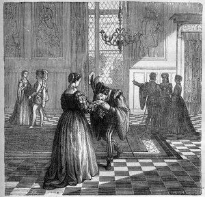 La regina Margherita di Navarra (1492-1549) incontra Pomini. Incisione in “La storia della prostituzione e della depravazione tra tutti i popoli del mondo dall