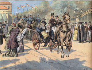 La regina Maria Cristina di Teschen (1858-1929) saluta le regine delle Marche di Parigi, dal giornale "Le Petit Parisien" da French School