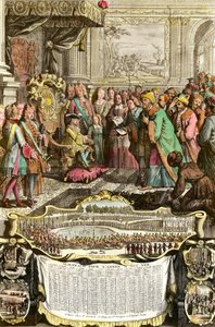 Ricevimento di Mehemet Effendi ambasciatore turco del grande Sultano Achmet da Luigi XV il 21 marzo 1721 alle Tuileries. Incisione del XVIII secolo. Collezione privata. da French School