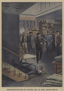 Ricostruzione di un omicidio in Rue Saint-Maur, Parigi (litografia a colori) da French School