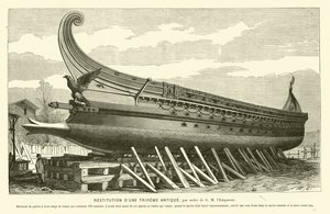 Ricostruzione di una trireme romana antica (incisione) da French School
