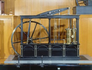 Ricostruzione del motore a vapore progettato da James Watt (rame e vetro) da French School