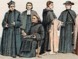 Costumi religiosi: ritratto di un gesuita, un padre marista (Marcellino Champagnat), un monaco benedettino, un monaco domenicano e un oblato