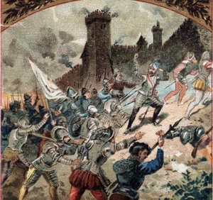 Guerre di religione: gli ugonotti conquistarono il castello di Dampierre nel 1567. Cromolitografia della fine del XIX secolo da French School