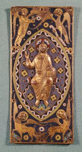 Placca reliquiario che raffigura Cristo con i simboli degli evangelisti (rame smaltato)