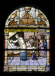 René de Neval, luogotenente del re e colonnello della retroguardia in Bassa Bretagna, morto il 13/04/1676, pieno di meriti e virtù nel suo castello di Neval, pianto dai suoi vassalli - vetrate della chiesa di San Germano a Kerlaz da French School