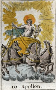 Rappresentazione di Apollo, dio del canto, della musica e della poesia, sul suo carro. Da "Mitologia della gioventù" di Pierre Blanchard 1803.