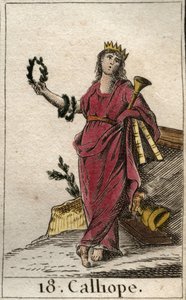 Rappresentazione di Calliope, musa della poesia epica, tiene in mano una corona e la tromba dell