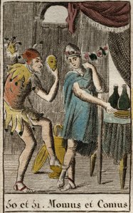 Rappresentazione di Comus, divinità dei buongustai e della cucina, presiede i banchetti, rappresentato appoggiato a un palo con una torcia e Momos, personificazione della derisione e del sarcasmo, rappresentato come un giullare di corte. da French School