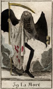Rappresentazione della Morte, scheletro vestito di nero e alato, tiene una grande falce. Da "Mythologie de la jeunesse" di Pierre Blanchard 1803. da French School