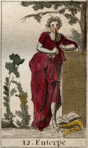 Rappresentazione di Euterpe, musa della musica, circondata da libri di musica e suonando il doppio flauto (aulos). Da 