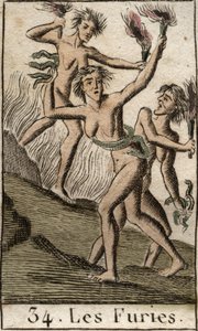 Rappresentazione delle Furie, Tisifone, Megera e Aletto, divinità persecutrici, rappresentate come donne emaciate. Da "Mitologia della gioventù" di Pierre Blanchard 1803.