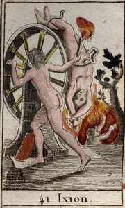 Rappresentazione di Issione, punito dagli dei, è condannato a essere incatenato a una ruota infuocata che gira senza sosta. Da "Mitologia della gioventù" di Pierre Blanchard 1803. da French School