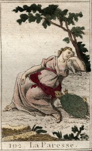 Rappresentazione della Pigrizia, figlia della Notte e del Sonno, come un giovane uomo con una tartaruga. Da 