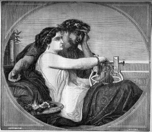 Rappresentazione di Lesbia e Catullo (87 - 54 a.C.) poeta latino: il poeta dedicò molti poemi alla giovane prostituta di cui era innamorato. Incisione in “La storia della prostituzione e della depravazione tra tutti i popoli del mondo dall