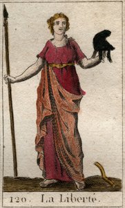 Rappresentazione della Libertà come una donna che tiene un cappello frigio e una picca. Da "Mythology of Youth" di Pierre Blanchard 1803.