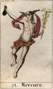 Rappresentazione di Mercurio, dio del commercio, dei viaggi e messaggero degli altri dei. Tiene un caduceo e indossa un petaso. Da 