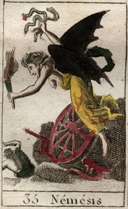 Rappresentazione di Nemesi, dea della Vendetta, rappresentata come una donna alata che tiene una torcia, e serpenti, ruota e timone indicano che perseguitava le sue vittime per mare e per terra. Da 