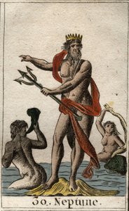 Rappresentazione di Nettuno, dio dei mari, che tiene un tridente. Da "Mitologia della gioventù" di Pierre Blanchard 1803.