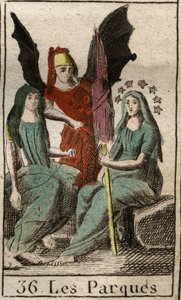 Rappresentazione delle Parche, Cloto, Lachesi e Atropo, divinità del destino umano, dalla nascita alla morte, come donne molto anziane che filano. Da 