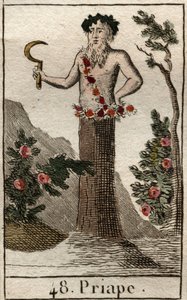 Rappresentazione di Priapo, dio della fertilità rustica, spesso rappresentato con un pene permanentemente eretto, tiene una falce. Da "Mitologia della gioventù" di Pierre Blanchard 1803.