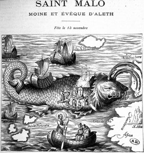 Rappresentazione di San Malo (San Maclou) sul dorso di una balena rappresentata alla maniera di San Brendan (Brandan) di Clonfert o Breanainn di Clonfert (ca. 484-577/578) - incisione da French School