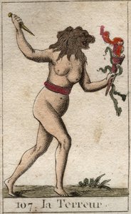Rappresentazione del Terrore, come una donna con testa di leone, che tiene un coltello e serpenti. Da 