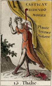 Rappresentazione di Talia, musa della commedia e della poesia idillica, raffigurata coronata di edera, con stivali, che tiene una maschera comica in mano e un bastone da pastore. Da 