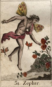 Rappresentazione di Zefiro, personificazione del vento occidentale. Da "Mitologia della gioventù" di Pierre Blanchard 1803.