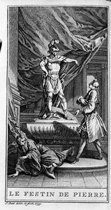 Rappresentazione di una scena del pezzo "Dom Juan ou le festin de Pierre" (1665) di Jean Baptiste Poquelin detto Molière. Incisione del 1739 da French School
