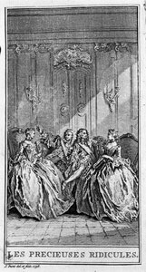 Rappresentazione di una scena del pezzo "Les précieuses ridicules" (1659) di Jean Baptiste Poquelin detto Molière. Incisione del 1738 da French School