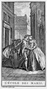 Rappresentazione di una scena della commedia "La scuola dei mariti" di Moliere. Incisione del 1738