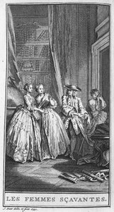 Rappresentazione di una scena della commedia "Les femmes savantes" (1672) di Jean Baptiste Poquelin detto Molière. Incisione del 1740