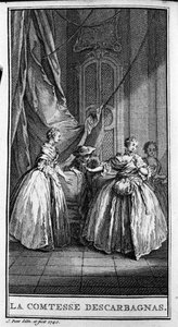 Rappresentazione di una scena della commedia "La contessa di Escarbagnas" (1671) di Jean Baptiste Poquelin detto Molière. Incisione del 1740