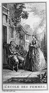 Rappresentazione di una scena della commedia "La scuola delle mogli" di Moliere. Incisione del 1739 da French School