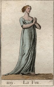 Rappresentazione della Fede, donna vestita di bianco con le mani giunte. Da 