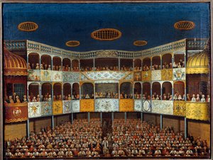Rappresentazione del Malato Immaginario di Molière al Teatro di Minorca, Spagna; vista della sala e del pubblico da French School