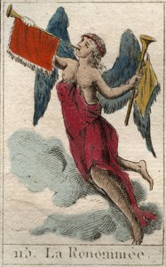 Rappresentazione della Fama, messaggera di Giove, sotto forma di donna alata che porta due trombe per annunciare buone e cattive notizie. Da 
