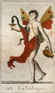 Rappresentazione della Voluttà, donna nuda coronata di rose, tiene una coppa o un serpente che versa un liquore delizioso. Da "Mythology of Youth" di Pierre Blanchard 1803.