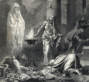 Rappresentazione della Strega di Endor, un villaggio cananeo menzionato nel primo libro di Samuele (Bibbia) che possiede un talismano con cui evoca il fantasma del profeta Samuele recentemente deceduto, su richiesta di Saul, re di Israele da French School