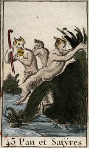 Rappresentazione del dio campestre Pan e dei satiri. Ha cosce pelose, piedi di capra e suona il flauto (Syrinx). Da 