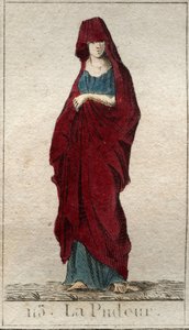 Rappresentazione della divinità della Modestia, una giovane donna con il volto coperto da un velo. Da 